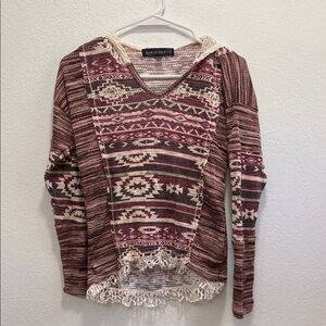 Almost Famous Women's Burgundy and Cream Patterned Hoodie